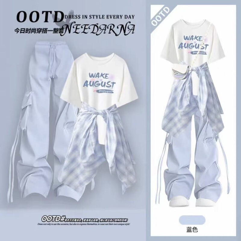 Fashionable Girl Outfits for High School and Middle School Students: Casual Style Loose Short-Sleeve T-Shirt, Cargo Pants, and Sports Three-Piece Set