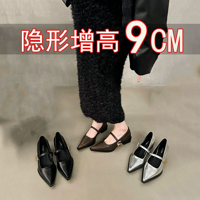 Mary Jane Shoes for Petite Women, 9cm Height Increase, Genuine Leather, Thick Sole, Casual Chunky Heel, Pointed Toe, Summer