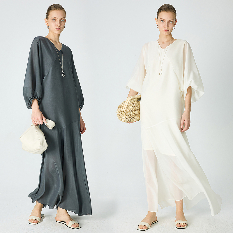 Open-Front/Delicate and Refreshing 6A Silk Acetate Bud-Shaped Elastic Sleeves Loose and Flowing Split Patchwork V-Neck Dress