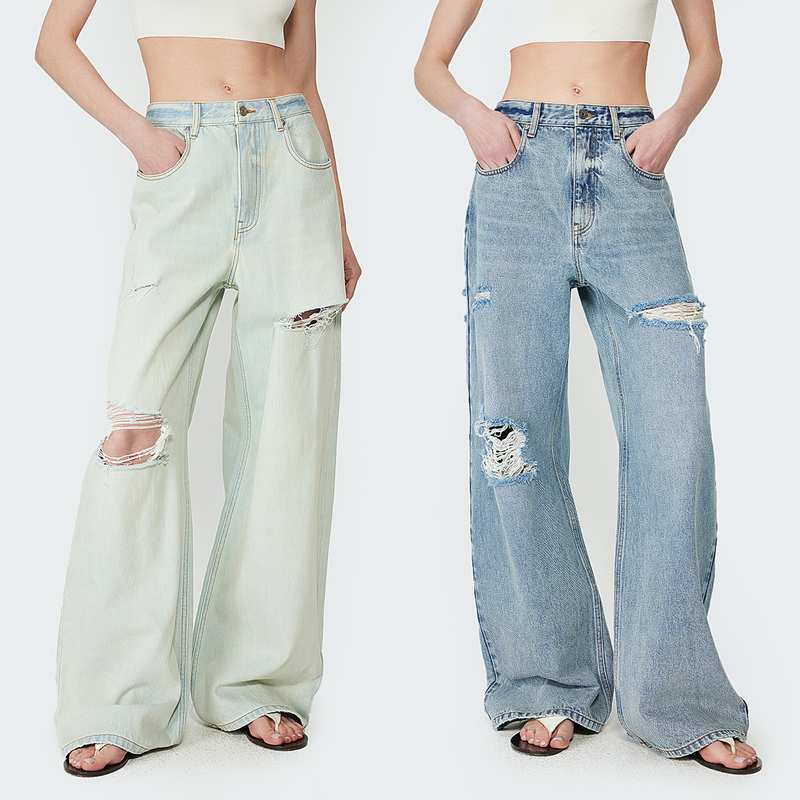 Loose Fit Straight Leg Low-Rise Jeans with Distressed Details, Handmade in Europe, with a Unique and Edgy Style