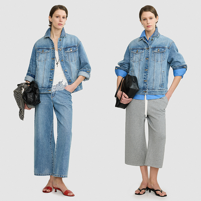 Open-Front/European Imported Vintage Washed 90S Classic Slim-Fit Slimming Denim Jacket with Cropped Pants