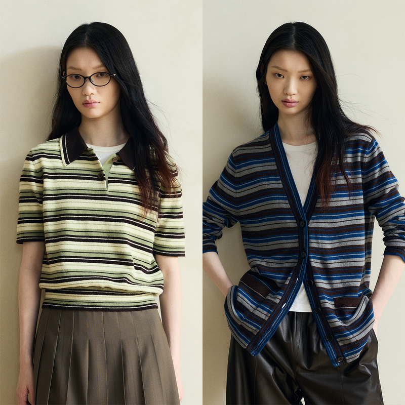 Open-Front/Soft and Supple Merino Wool with a Natural Texture, Stylish Color-Blocked Striped Knit Cardigan Short Polo Shirt