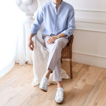 Ice silk summer thin collarless white shirt mens long sleeve Korean casual Net Red very fairy coat light blue shirt inch