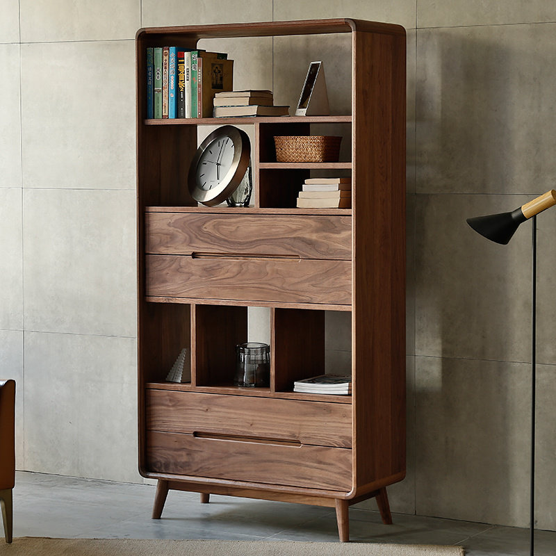 Black walnut Nordic bookshelf display cabinet porch cabinet combination bookcase solid wood bookcase