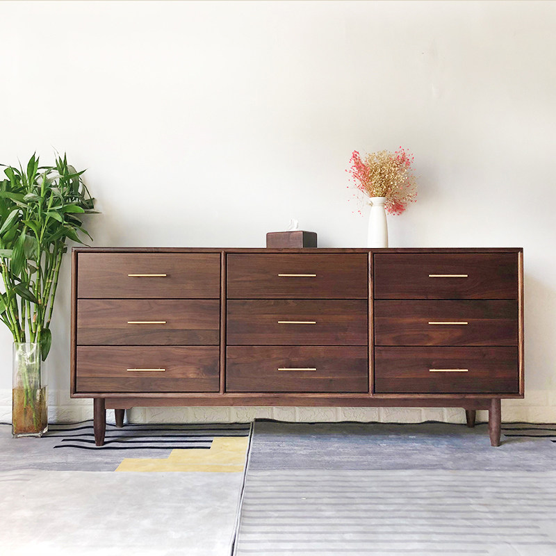 Nordic minimalist modern black walnut storage drawer cabinet Japanese style nine-drawer cabinet solid wood living room storage TV cabinet