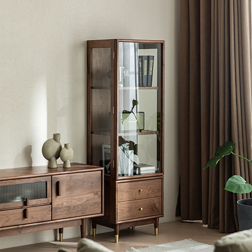 Nordic solid wood bookcase black walnut storage cabinet glass door TV side cabinet multifunctional vertical cabinet display cabinet side cabinet