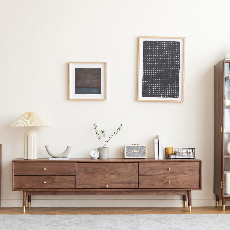 Nordic Black Walnut TV Cabinet All solid wood brass foot Modern minimal small household cabinet