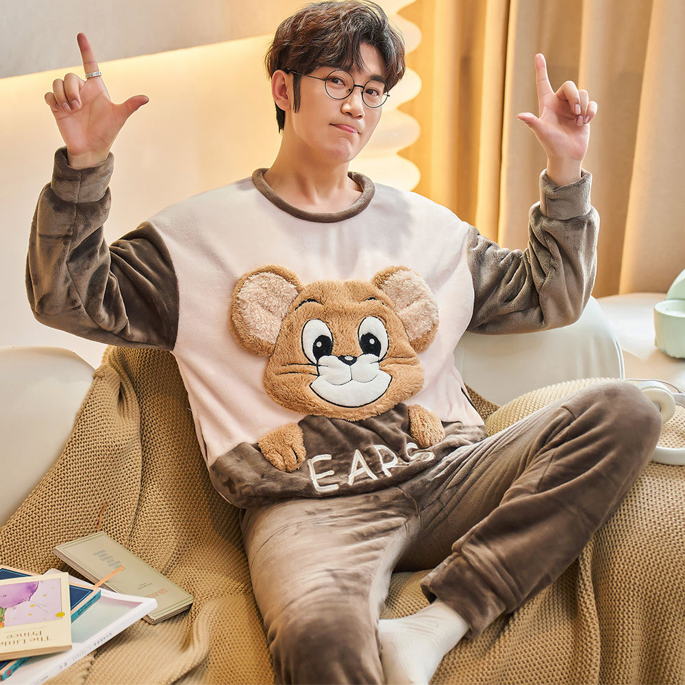 Men Sleeping Clothes Autumn Winter Style Winter Coral Suede Thickening Plus Suede Cartoon Home Conserved Great Boy Teen Student Suit