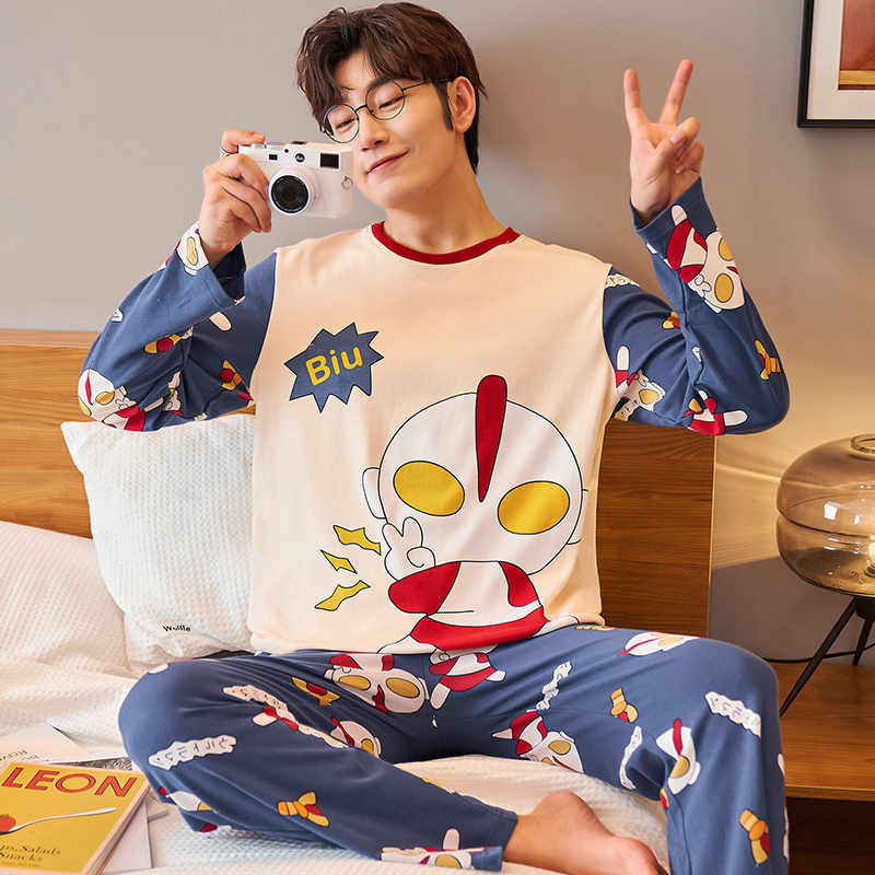Spring Autumn Money Men's Pure Cotton Long Sleeves Pyjamas Cartoon Teenagers Middle School Students Great Boy Ottman's Home Suit Suit