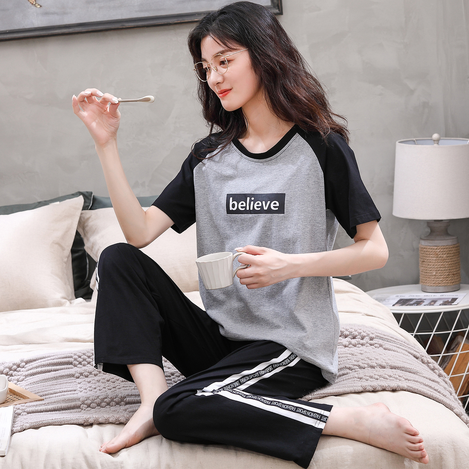 Spring Summer Short Sleeve Pants Ladies Pajamas Summer Cotton Thin Homewear Large Size Loose Cotton Two Piece Suit