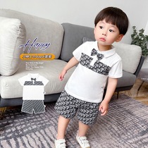 Inlen Wind Gentleman Boy Suit Summer Pure Cotton Printed Neckline Child Baby Foreign Air Two Sets Short Sleeves Clothes