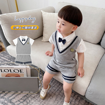 Inlen Wind Small Gentlemans Male Baby Suit Summer Pure Cotton Academy Collar Gown Super Ocean Gas Children Summer Clothes Clothes