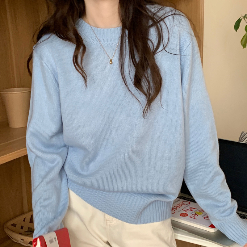 Spring and Autumn Sweet Haze Blue Sweater, Retro Japanese Style, Lazy and High-End Feel, Pullover Milk Blue Knit Sweater for Outerwear