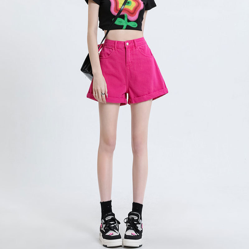 2026 Summer Dopamine Style Dragon Fruit Color Shorts Women's Denim Pants Petite High-Waisted A-Line Slimming Wide-Leg