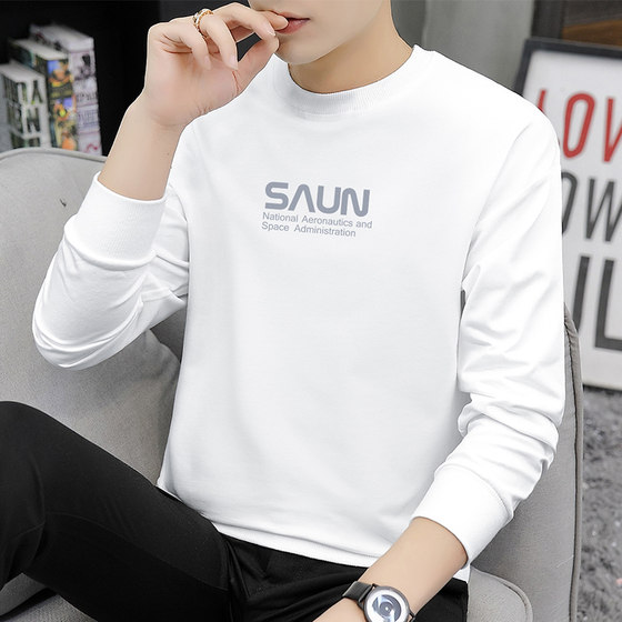 White sweater male spring and autumn collarless hat -free autumn and winter bottoming shirt warm inside with velvet long -sleeved T -shirt