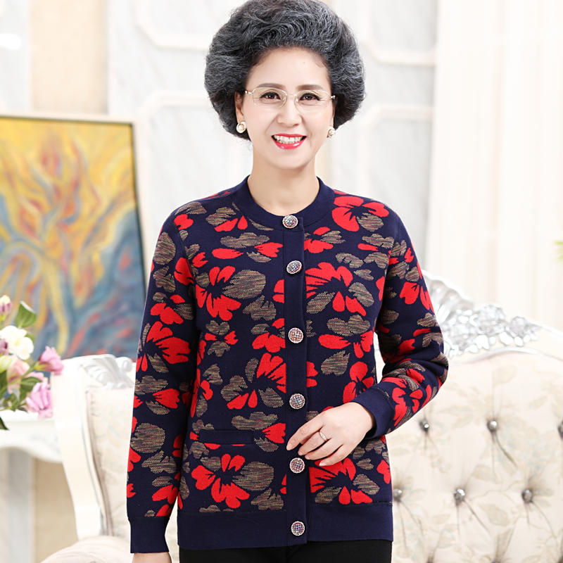 bộ đồ lót ấm trung niên và người già womens cardigan cộng nhung dày quần áo mẹ mùa thu quần mùa thu bông lớn váy sân granny.