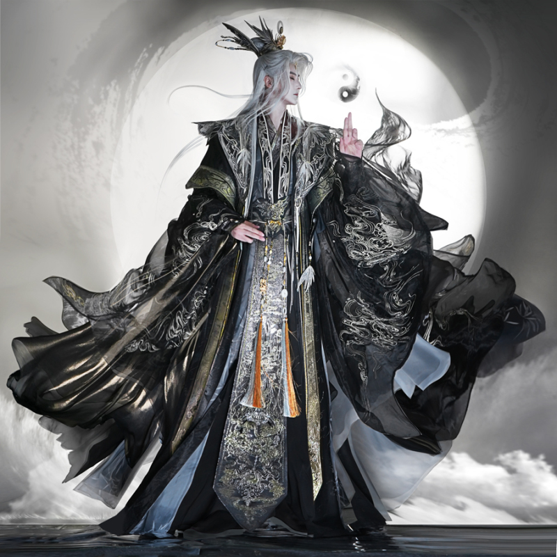 Fengya's Original Design, the "Path of Indifference," Floor-Length, Large-Sleeved, Ethereal and Fairy-Like, with Bamboo Leaf Chinese Style Elements in Black and Gold Fengya's Original Design, the "Path of Indifference," Floor-Length, Large-Sleeved, Ethereal and Fairy-Like, with Bamboo Leaf Chinese Style Elements in Black and Gold