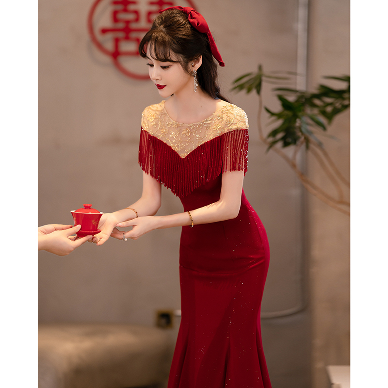 Tassel Toast Dress 2026 New Style Bride Wine Red Wedding Homecoming Dress Engagement Dress Can Be Worn Casually