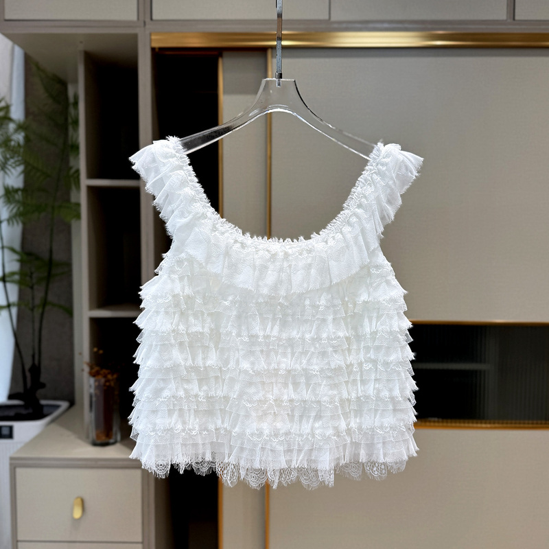 Shenzhen Nanyou French Ballet Style White Lace Camisole Top for Women, Summer 2026 New Model, Multi-Layered Ruffles, Fairy-Like