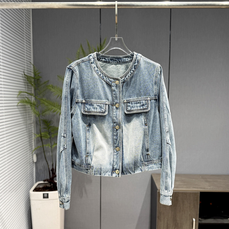 Shenzhen Nanyou Vintage Distressed Denim Short Jacket for Women 2026 New Spring Round Neck Casual Style Top