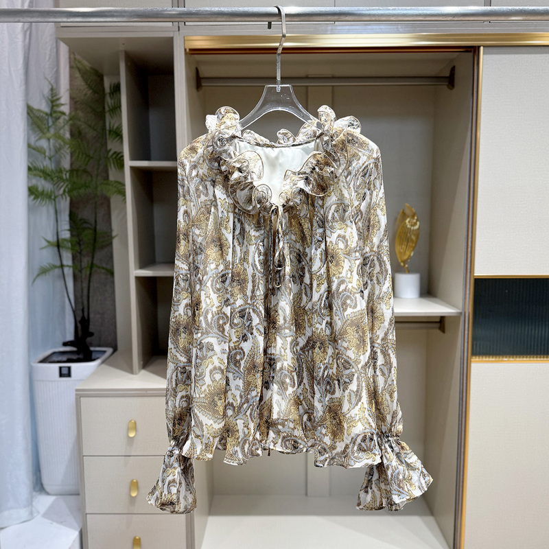 Shenzhen Nanyou French-Style Printed Silk Ruffle Blouse for Women 2026 New Autumn Lace-Up Long-Sleeve Versatile Top Shenzhen Nanyou French-Style Printed Silk Ruffle Blouse for Women 2026 New Autumn Lace-Up Long-Sleeve Versatile Top