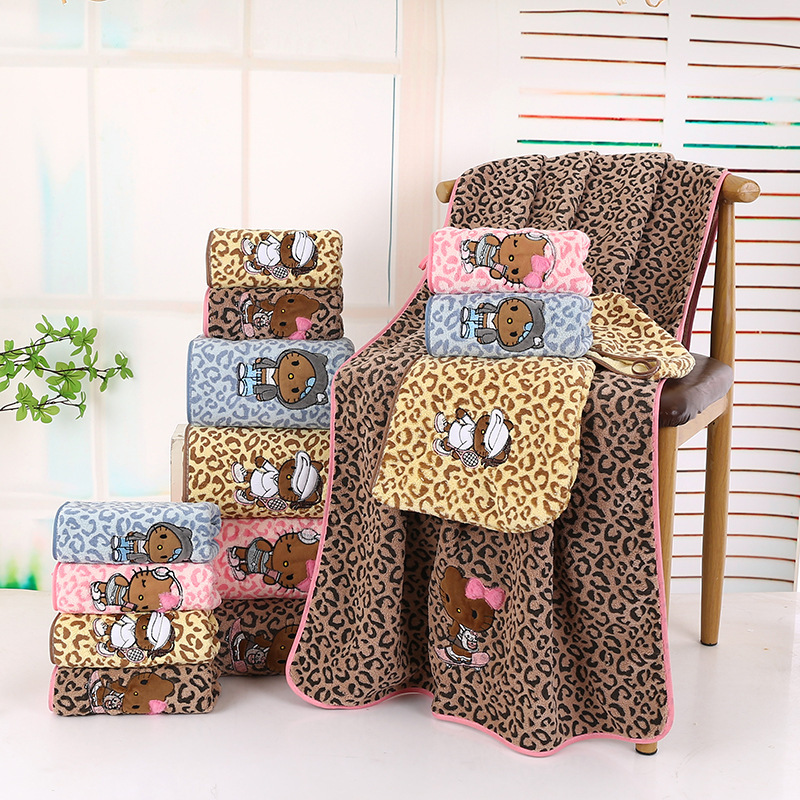 Leopard Print Coral Velvet Bath Towel with Cartoon Embroidery, Absorbent and Soft Hair Drying Cap, Quick-Drying Towel Set for Men, Women and Children