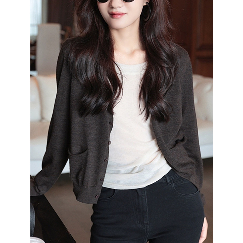 French-Style Thin 100% Pure Wool Cardigan for Women, Fine-Spun V-Neck, Loose Short Style with Pockets, Wool Knit Sweater Jacket