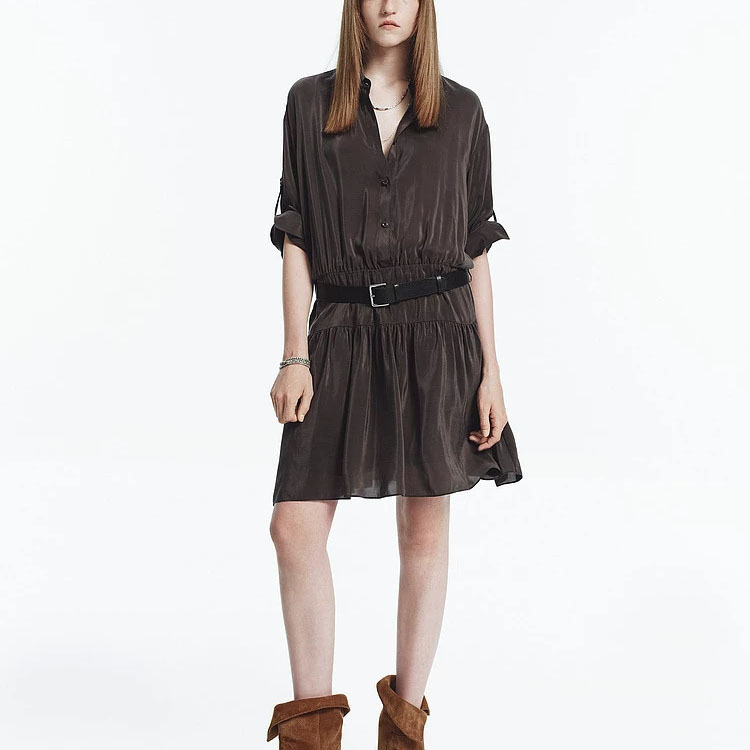 2026 Retro Commuter Style Ruffled Shirt Dress for Women with Waist Belt, Slimming Short Skirt, Same Style as in Shopping Malls
