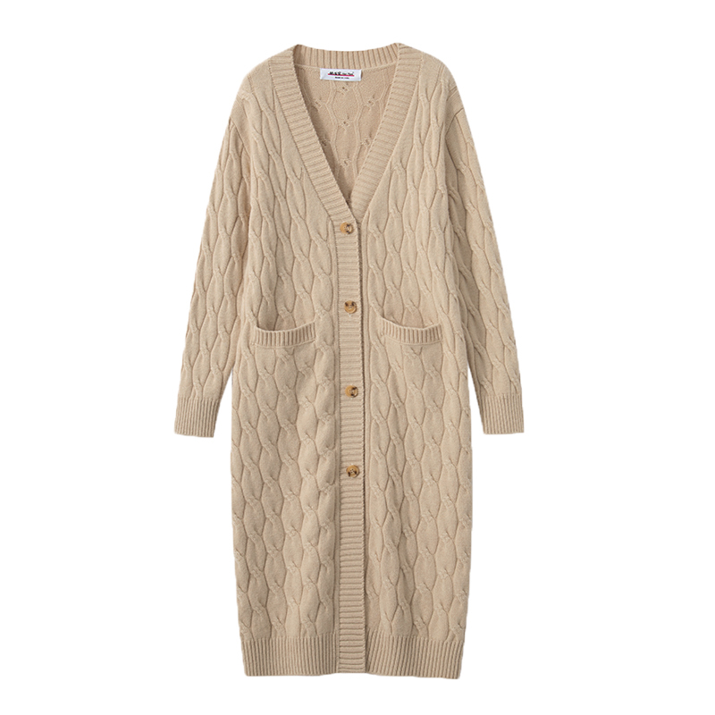 2025 Autumn/Winter New V-Neck Knitted Mid-Length Over-The-Knee Loose Coat Cashmere Cardigan Sweater for Women