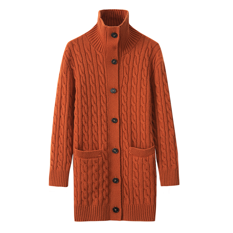 2025 New Stylish Solid Color Mid-Length High-Neck Heavy-Duty Age-Reducing Casual Knitted Cardigan Cashmere Sweater Jacket for Women