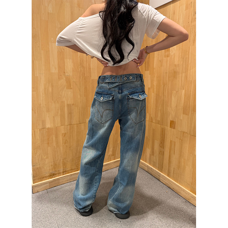 R1Dge American-Style Washed Jeans with Adjustable Waist Buckle for Women, Loose Fit, Slimming, Versatile Straight-Leg Pants