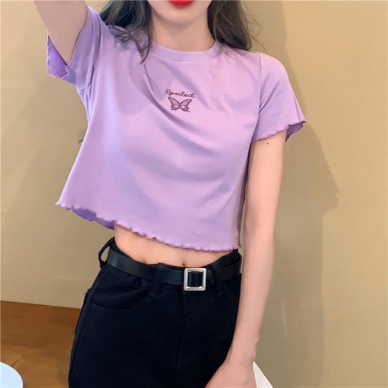 Internet Celebrity T-Shirt for Women ins Super Popular Summer 2026 New Short-Sleeve High-Waisted Crop Top with Exposed Waist in Light Purple