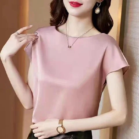 Silk Blouse for Women, Spring and Summer, Loose Fit, Slimming, Acetate Satin, Mother's Blouse, High-End Satin, Mulberry Silk, Short-Sleeved T-Shirt
