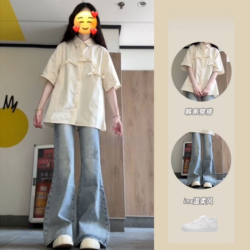 Summer New Style Japanese Retro Design Niche Bow Short-Sleeved Shirt for Women with Slightly Flared Jeans Two-Piece Set