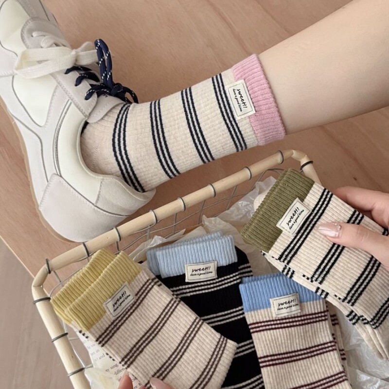 New Style Women's Socks with Ribbed Stripes, Mid-Calf Socks, Korean Style Casual Seamless Versatile Combed Cotton Mid-Calf Socks for Women New Style Women's Socks with Ribbed Stripes, Mid-Calf Socks, Korean Style Casual Seamless Versatile Combed Cotton Mid-Calf Socks for Women