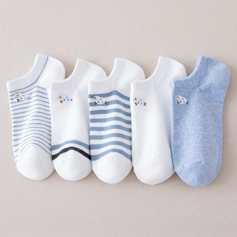 Blue Socks for Women, Breathable Thin Boat Socks, Summer Low-Cut Shallow Cute Japanese-Style Short Socks, Simple Cartoon Cotton Socks