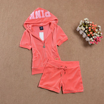 2022 Summer PINK Short Sleeve Womens Clothing Velvet Short Sleeve Shorts Casual Sports Suit Womens Slim Tracksuit Tide