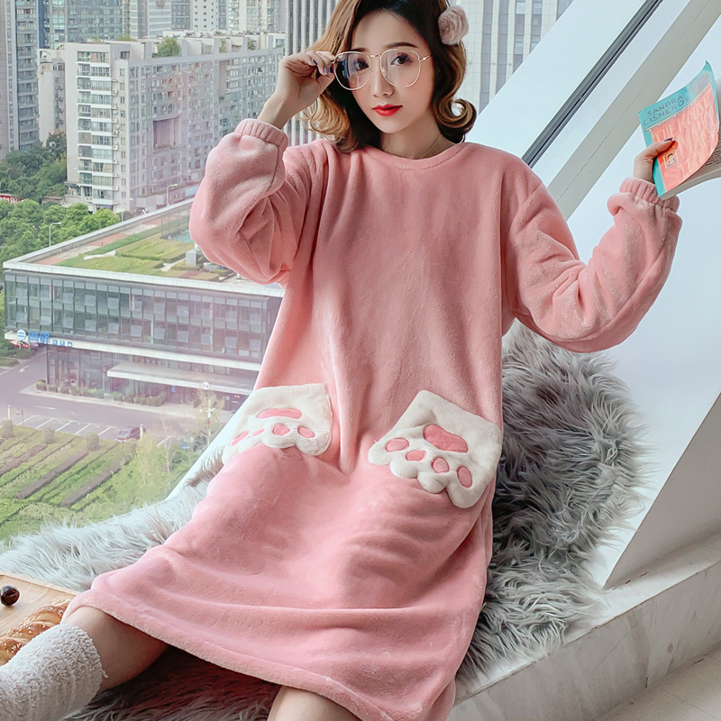 Coral Suede Pajamas Woman Autumn Winter Flannel Dress Woman Spring Autumn Star Sleeping Skirt Thickened Mid home Residence Dress