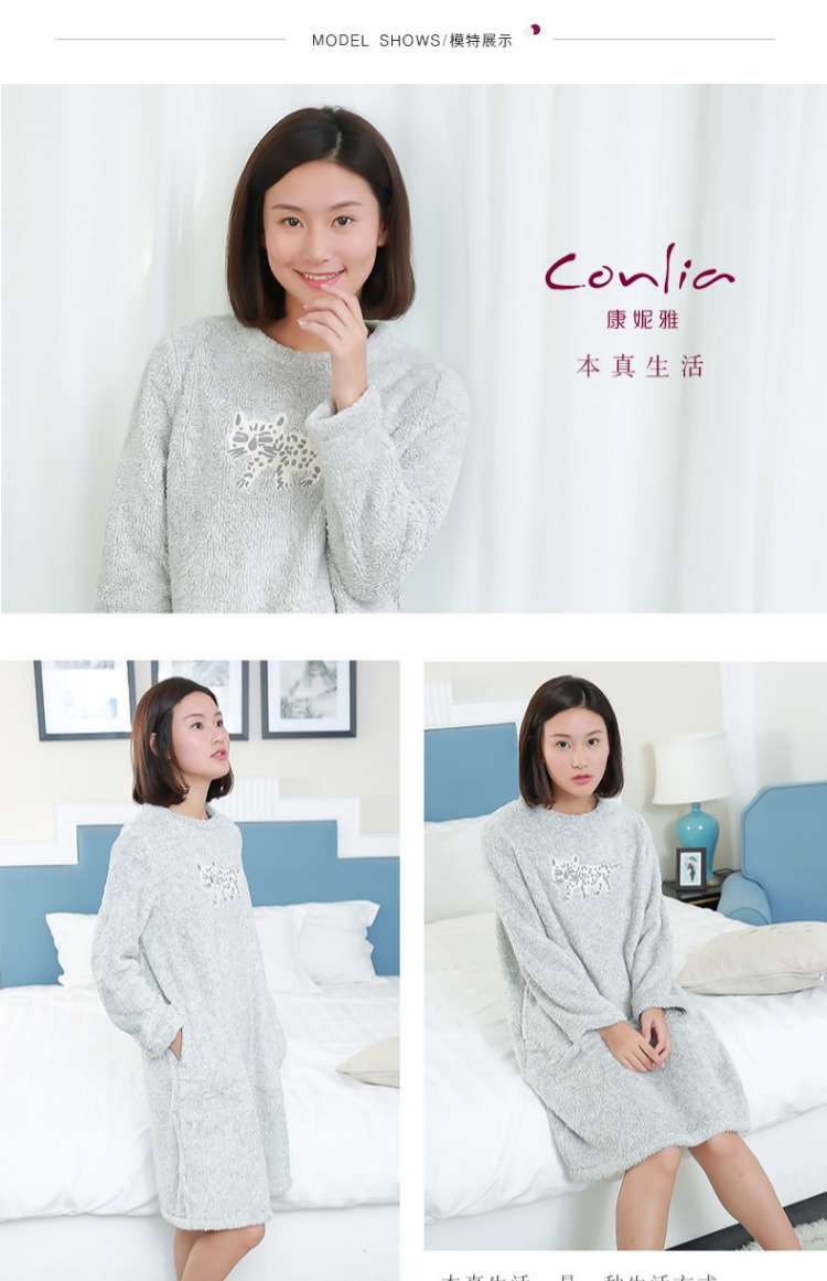 Conlia / Connie dịch vụ tại nhà váy ngủ nữ mùa thu và mùa đông dày lông cừu san hô dài tay áo ấm mẫu dài đầm nhung đẹp