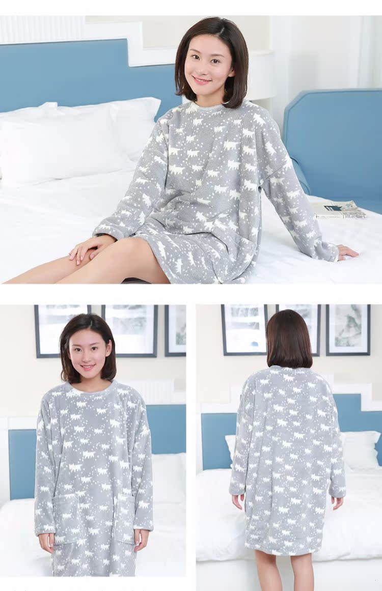 Conlia / Connie san hô lông cừu váy ngủ nữ mùa đông dài tay dày lên mũ trùm đầu nhà lỏng đầm ngủ dễ thương