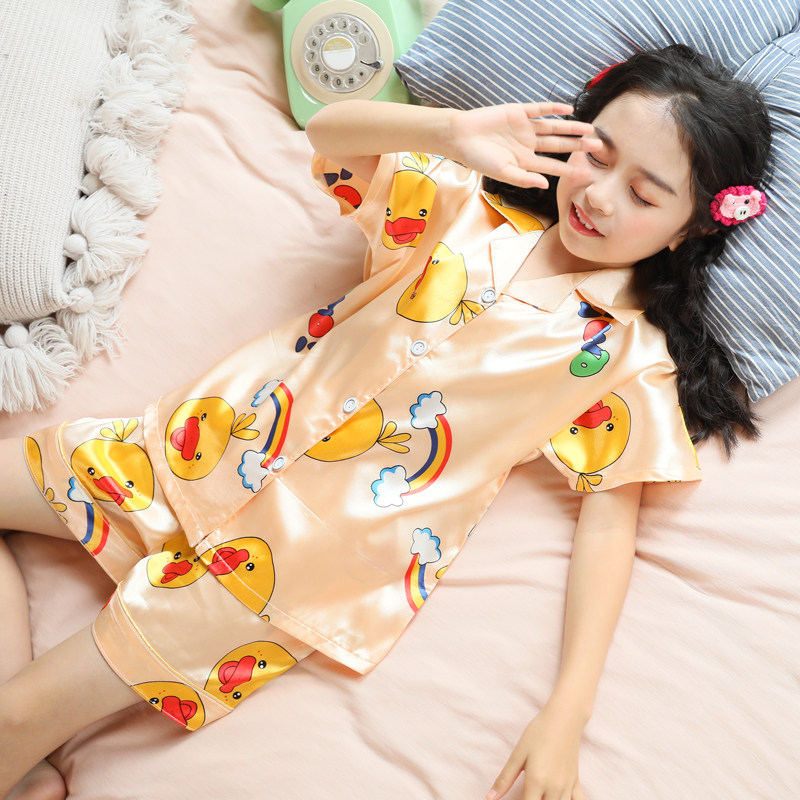 Children's pyjamas girls Summer thin ice silk children short sleeves CUHK children suit parent-child summer home clothes