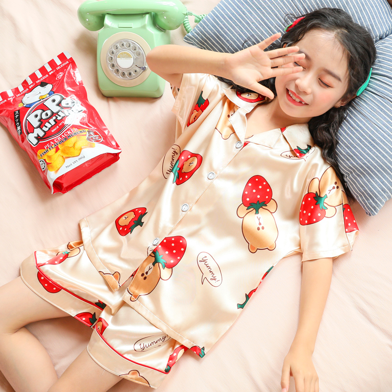 Girls' pajamas summer ice thin children's short-sleeved children's children's suits parent-child mother and daughter baby home clothes
