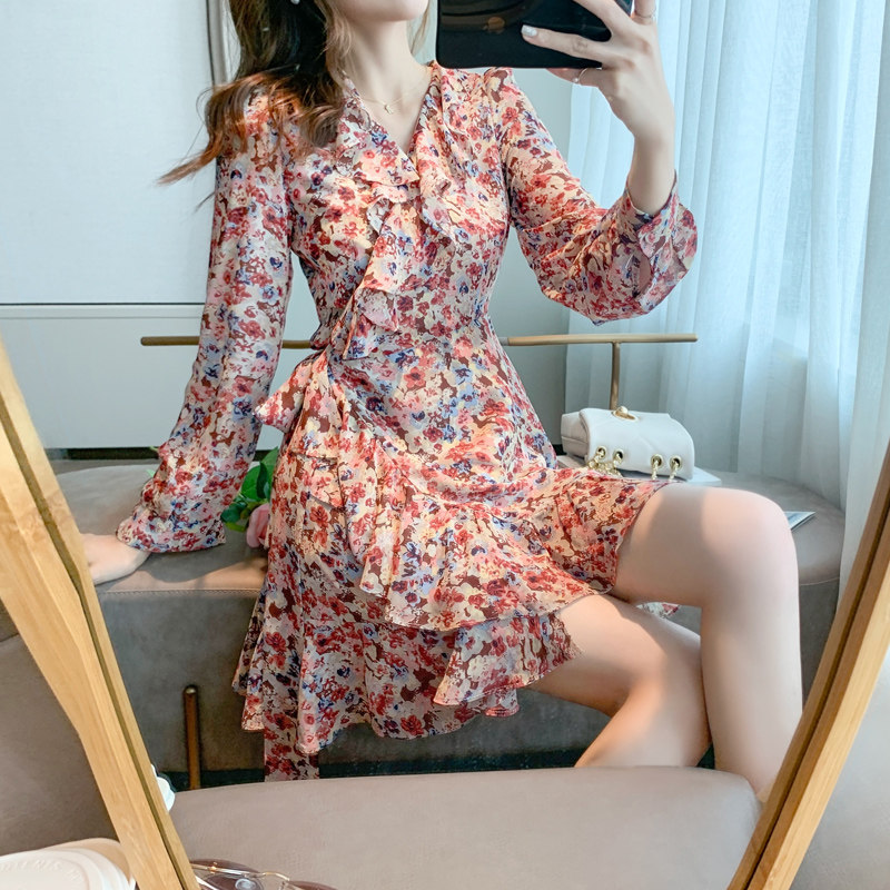 Europe 2022 Autumn new French vintage waist-cinching V-neck temperament ruffled chiffon floral dress women