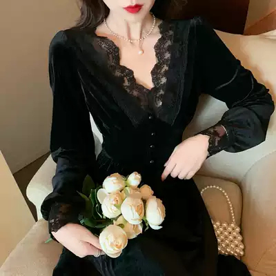 European station New French retro celebrity temperament lace long dress waist V-neck velvet dress women