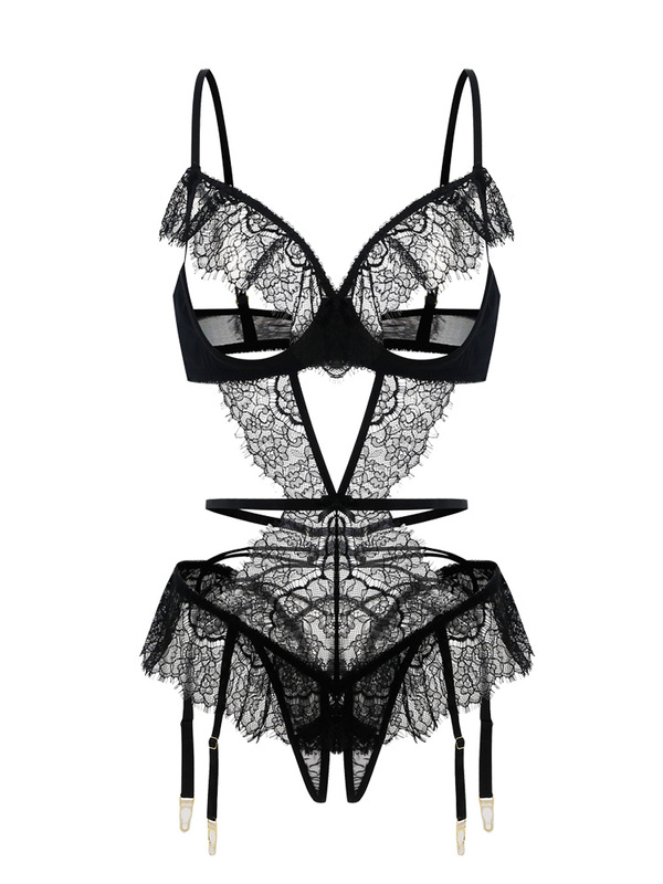 European and American Lace Trim French Eyelash Bra Lingerie Set with Garter Belt, Underwire, Sexy Sleepwear, Women's Bodysuit