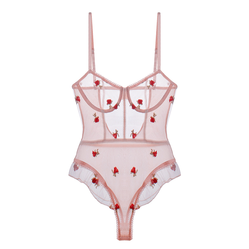 Creamy Strawberry* Cute, Sweet and Spicy Sexy Women's Underwire Mesh Embroidered Lingerie Bodysuit Bra Set