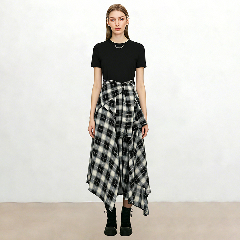 Design-Focused, Unique Irregular Plaid Midi Skirt for Women, 2026 Spring New Korean Style High-Waisted Skirt for Petite Figures