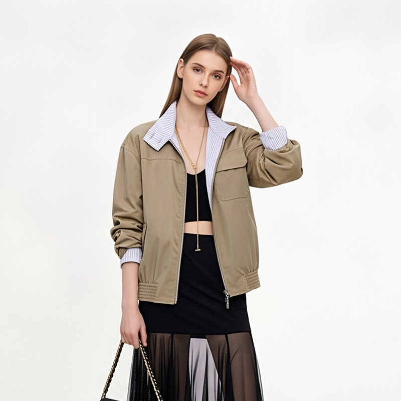 Wu Xin's Style, Nautical Blue American Retro Sports Color-Blocked Long-Staple Cotton Jacket, Waist-Cinching Silhouette Short Jacket for Women