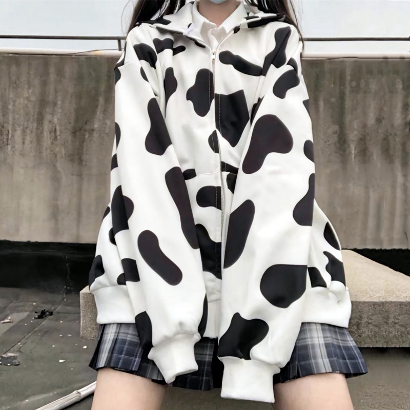 Cow Print Jacket 2022 New Spring and Autumn Korean Style ins Trendy Printed Loose Cardigan Zipper Hooded Sweatshirt for Women Thickened Cow Print Jacket 2022 New Spring and Autumn Korean Style ins Trendy Printed Loose Cardigan Zipper Hooded Sweatshirt for Women Thickened