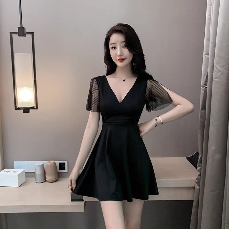 Black Nightclub Sexy Dress, Deep V Skirt for Nightclubs, Sauna, Health Care, Foot Massage, Foot Bath Technician Work Uniform for Women